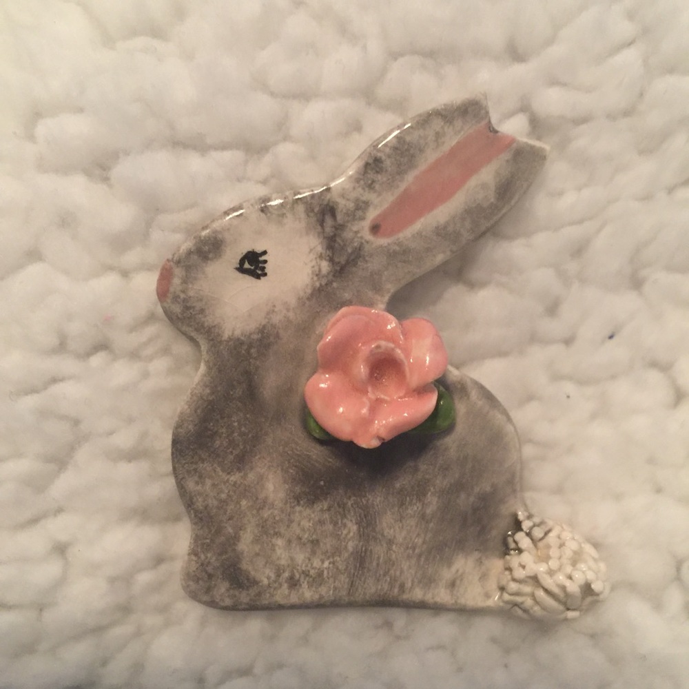 Handmade Ceramic Bunny Pin Signed-Great for Spring or Easter